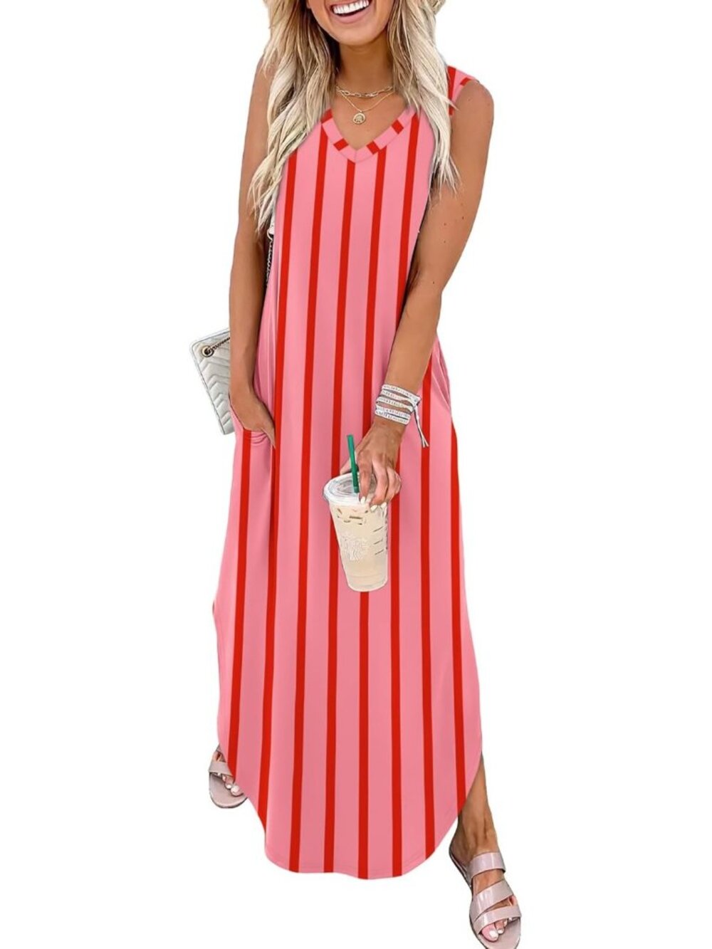 Women's Striped Pink Summer Maxi Dress Beach Sundress with Pocket